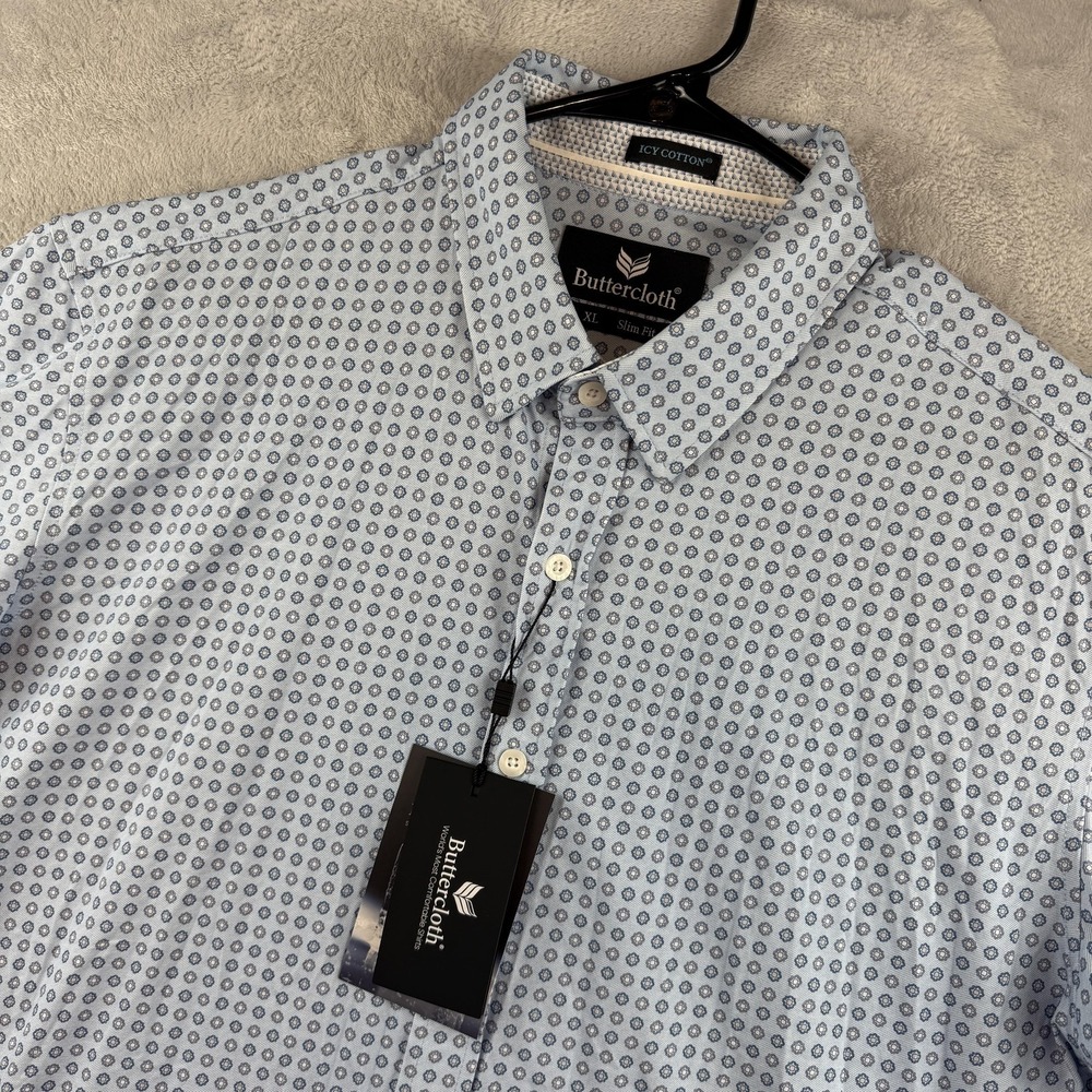 Buttercloth Shirt Mens XL Light Blue Short Sleeve Slim Fit Icy Cotton Geometric